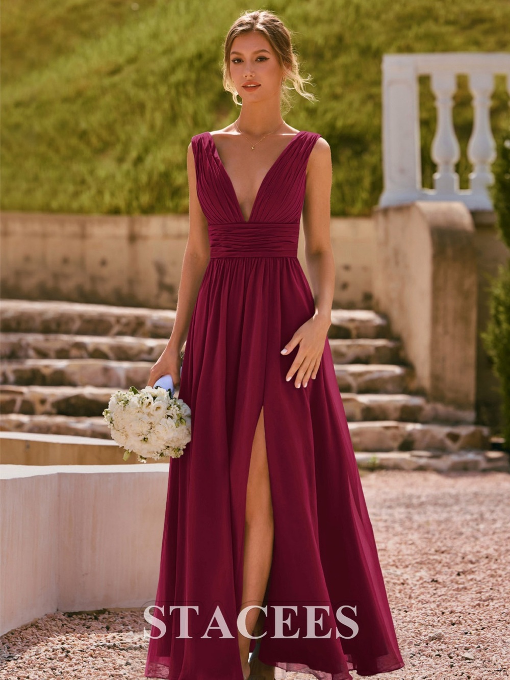 Stacees Burgundy V-Neck Prom & Evening Gown